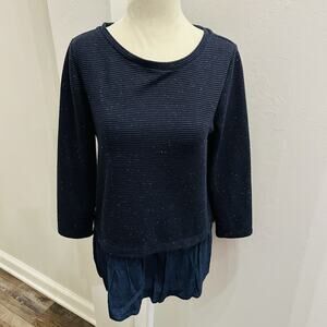 Loft small Blue Tunic Ruffled Ribbed 3/4 Sleeve Top Blouse Sweater Tiered